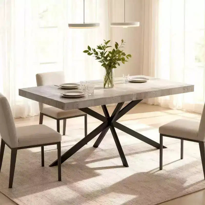 Table à manger rectangulaire extensible avec panneau contrastant et piètement en métal