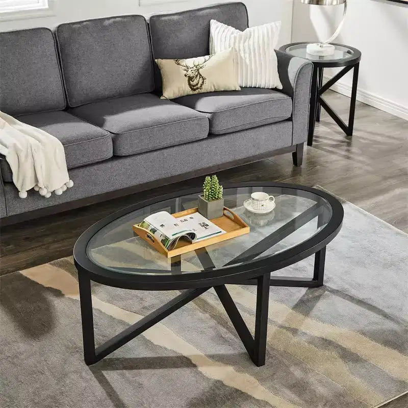 Coffee Table, Round Glass Coffee Table with Tempered Glass Top, Wood Tripod, Anti-Scratch Small Center Table for Living Room Office Apartment