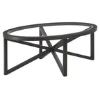 Table basse ronde en verre avec piétement trépied en bois