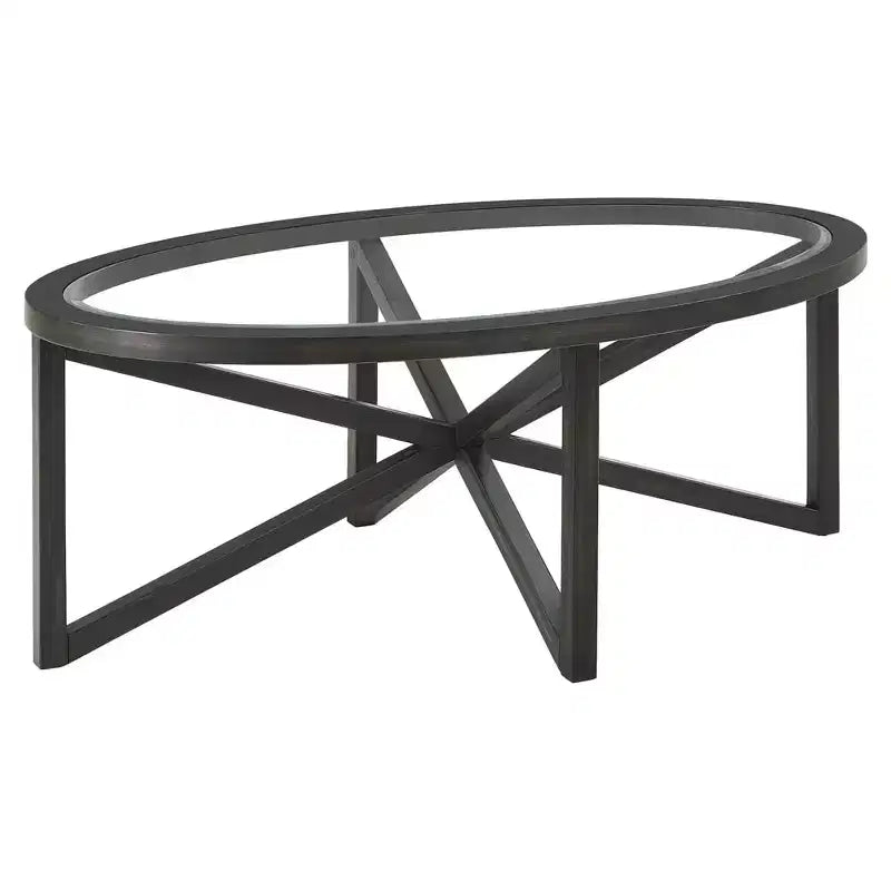 Table basse ronde en verre avec piétement trépied en bois