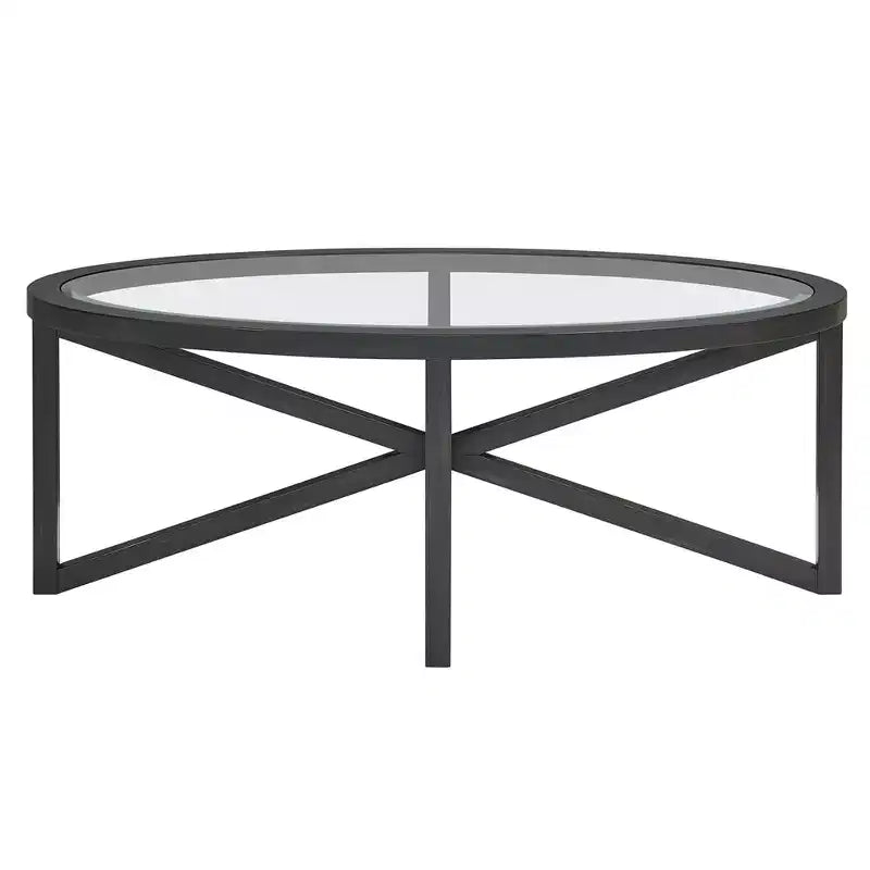 Table basse ronde en verre avec piétement trépied en bois
