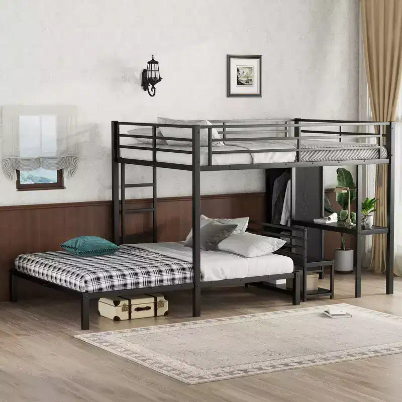 Queen Bunk Bed with Desk, Wardrobe & Storage Drawer Under Bed, Space Saving Study Loft Bed for Small Rooms