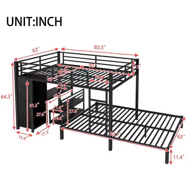 Lit mezzanine Queen Size avec bureau, armoire et tiroir de rangement