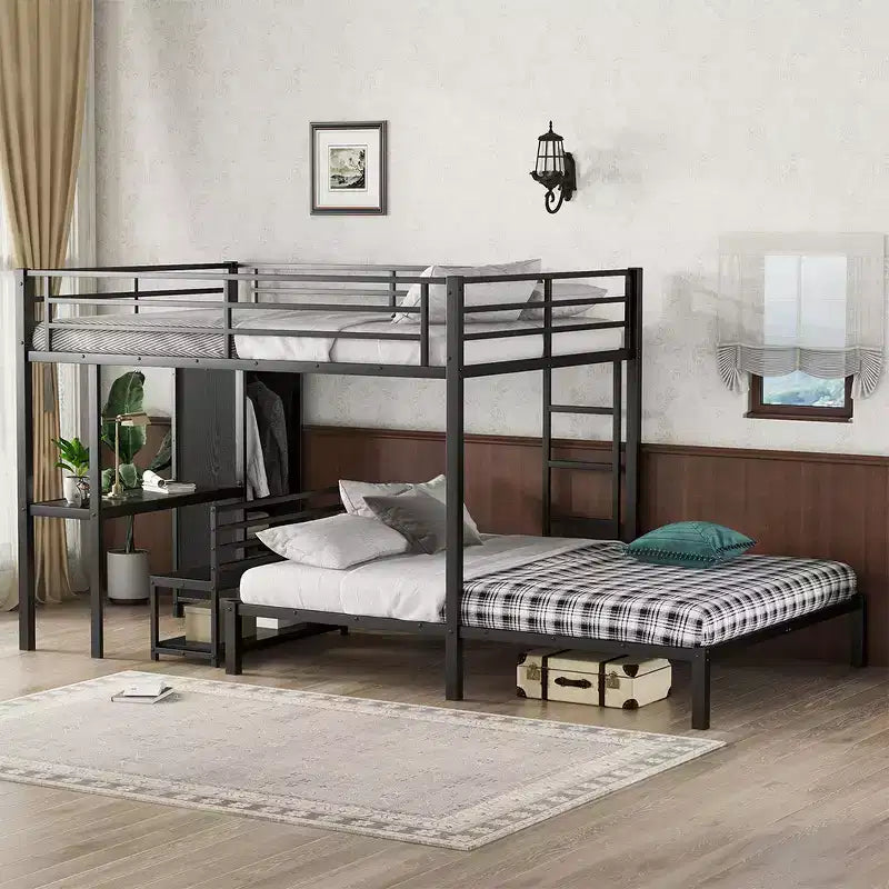 Lit mezzanine Queen Size avec bureau, armoire et tiroir de rangement