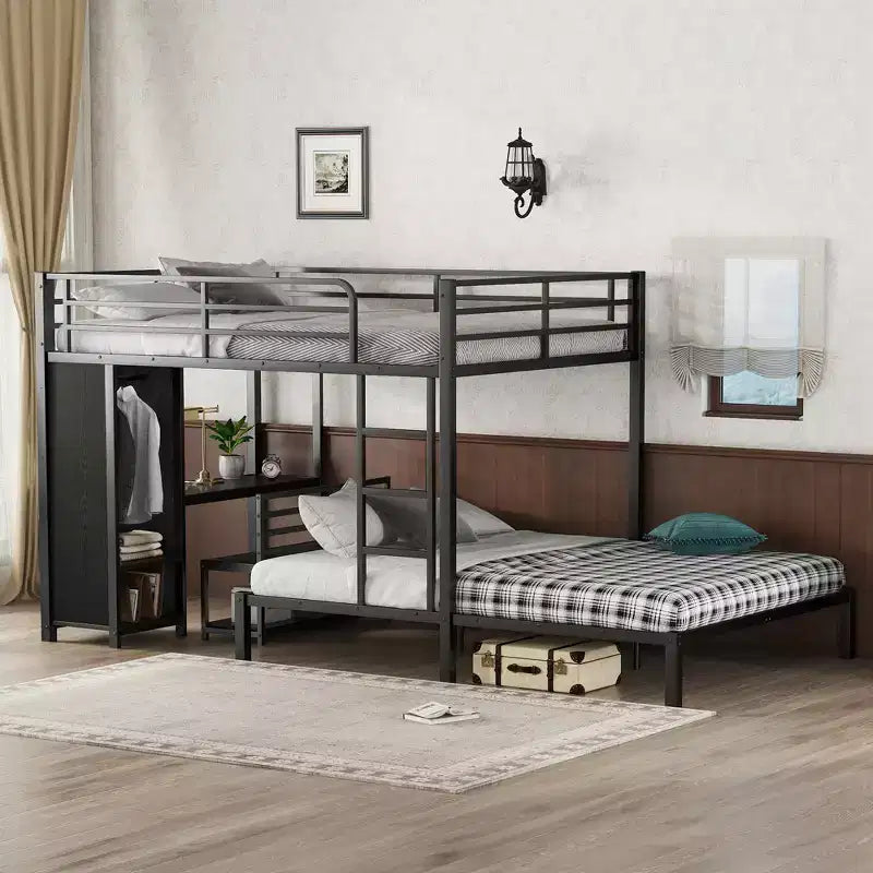 Lit mezzanine Queen Size avec bureau, armoire et tiroir de rangement