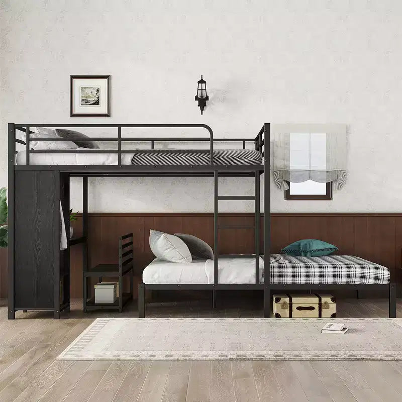 Lit mezzanine Queen Size avec bureau, armoire et tiroir de rangement