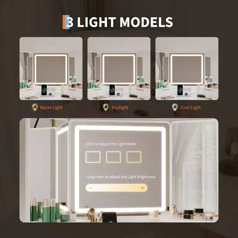 Coiffeuse d'angle avec miroir lumineux et station de charge