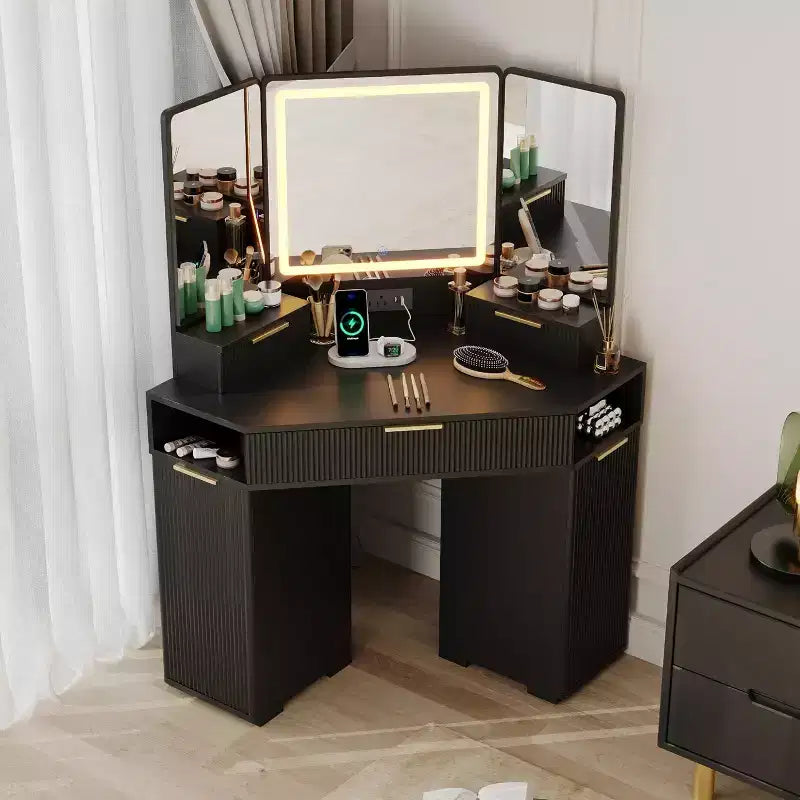 Coiffeuse d'angle avec miroir lumineux et station de charge