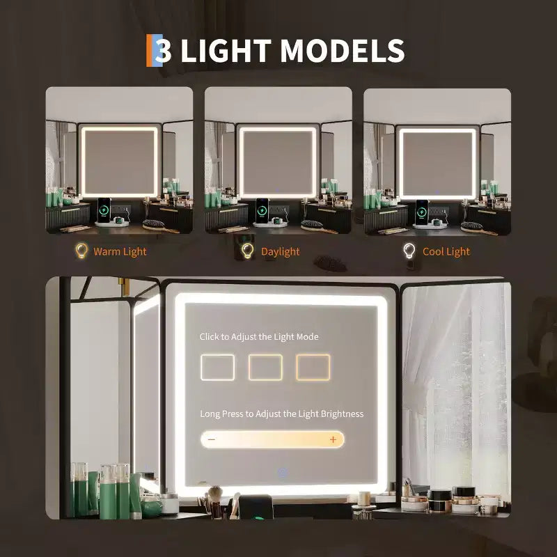 Coiffeuse d'angle avec miroir lumineux et station de charge