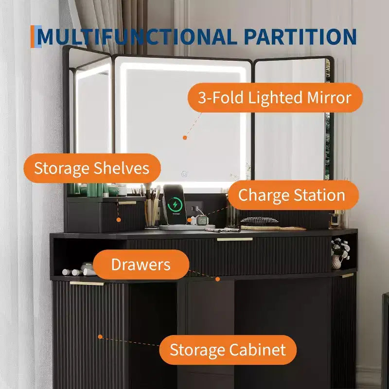 Coiffeuse d'angle avec miroir lumineux et station de charge