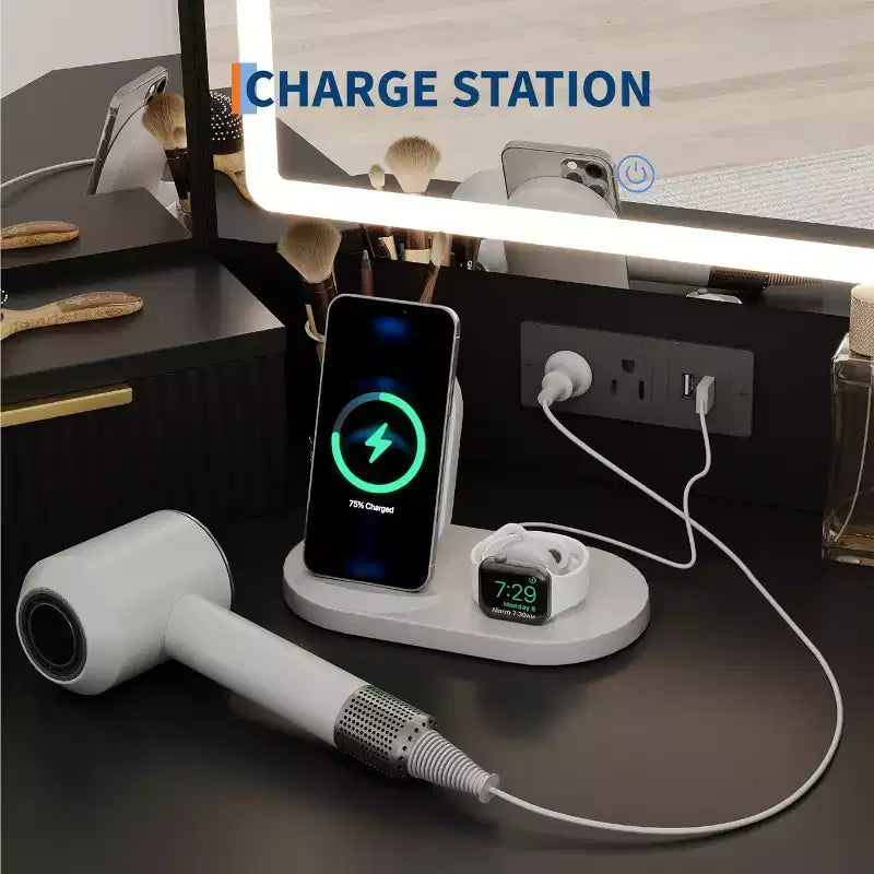 Coiffeuse d'angle avec miroir lumineux et station de charge