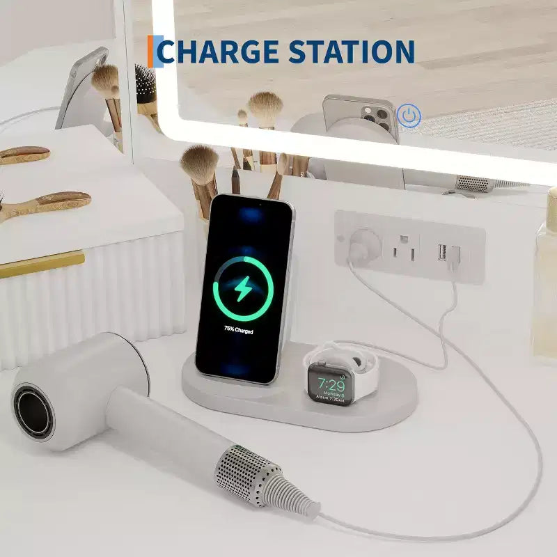 Coiffeuse d'angle avec miroir lumineux et station de charge