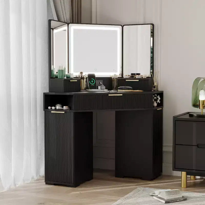 Lighted Mirror Corner Vanity Desk with Charging Station, Fluted Design, 3 Drawers, Cabinets, Open Shelves, Wooden Makeup Vanity Table for Bedroom