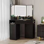 Lighted Mirror Corner Vanity Desk with Charging Station, Fluted Design, 3 Drawers, Cabinets, Open Shelves, Wooden Makeup Vanity Table for Bedroom