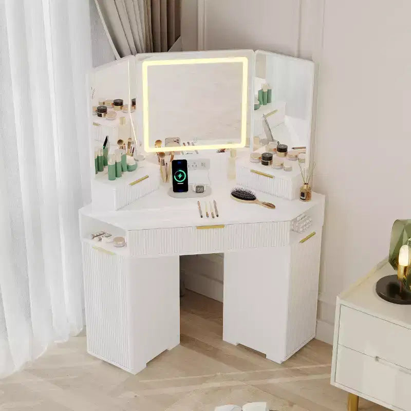 Coiffeuse d'angle avec miroir lumineux et station de charge