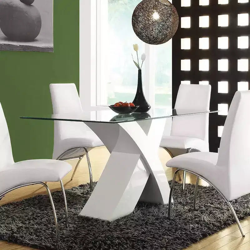 Table à manger rectangulaire de 60 po avec plateau en verre et piètement entrecroisé, blanc, 4 places