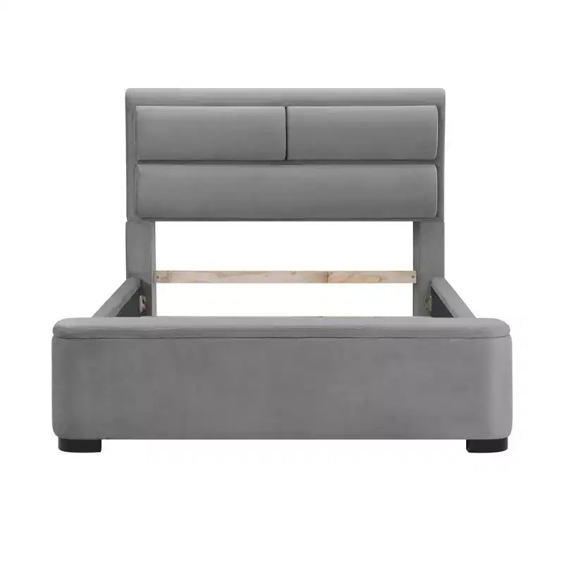 Lit de rangement rembourré Queen avec banc en pied de lit, gris