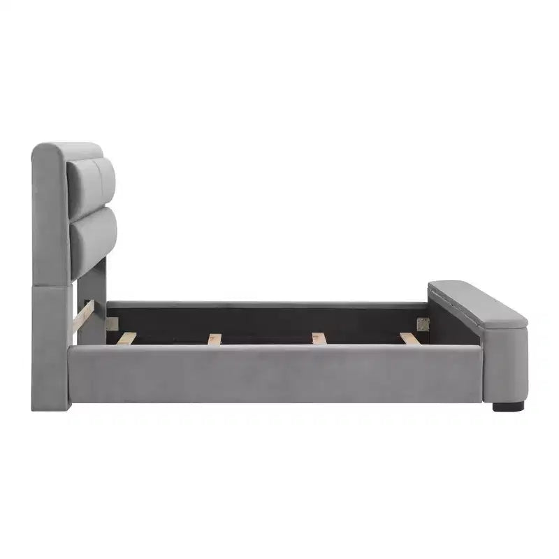 Lit de rangement rembourré Queen avec banc en pied de lit, gris